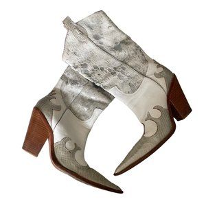 Para Raio Gray White Leather Pointed Toe Stacked Heel Western Cowgirl Boots 9